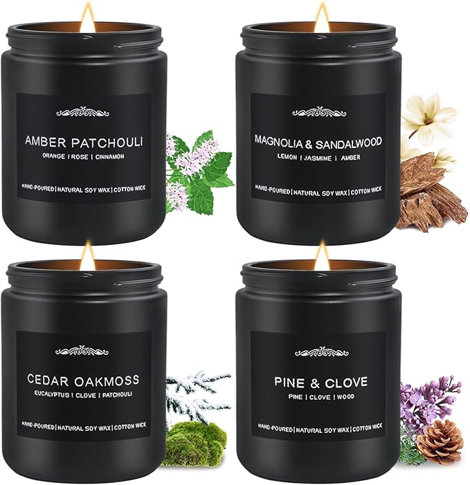 Scented Candle Set, Men Candle Set, Scented Candles for Home, Gifts for Men, 28 oz 200 Hour Burn Time,4 Pack Manly Gifts Soy Candles of Cedar Oakmoss/Pine&Clove/Patchouli/Sandal Wood