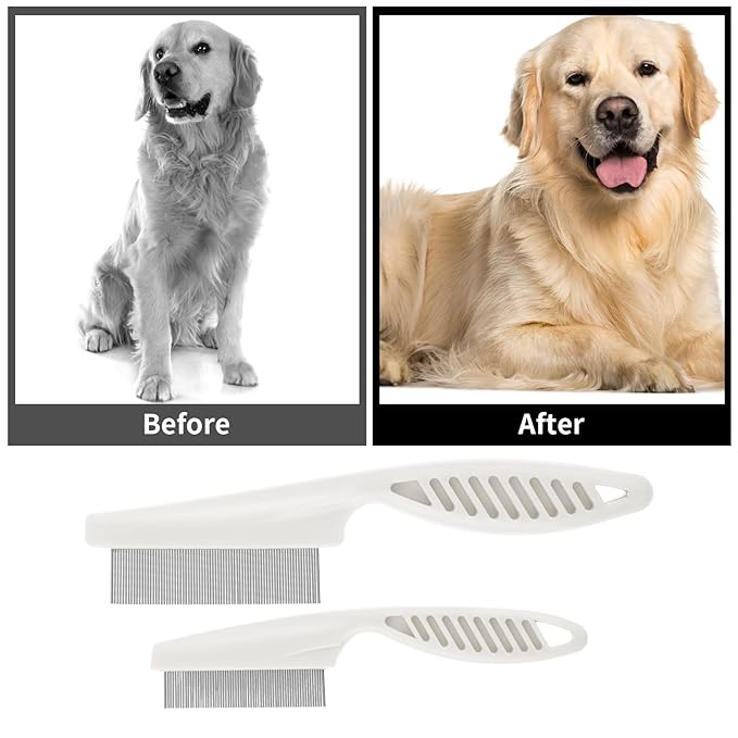 TIESOME 2PCS Stainless Steel Flea Comb for Dogs Cats, Tear Stain Remover Promotes Hair Growth Removes Loose Hair Fleas Dual-Size Groom Brush for All Breeds