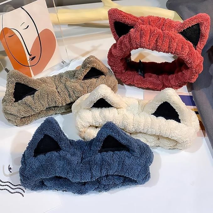 Huachi 2 Packs Cute Cat Spa Headband for Washing Face Makeup Skincare, Animal Headbands for Women Girls Trendy Stuff Gifts Soft Coral Fleece Facial Wash Hair Accessories (Blue + Red)