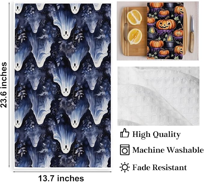 2 Pcs Halloween Spooky Ghost Kitchen Towels, Gothic Pumpkin Decorative Absorbent Microfiber Dish Cloth Tea Towel, Waffle Soft Hand Towels for Farmhouse Home Bathroom, Halloween Decor