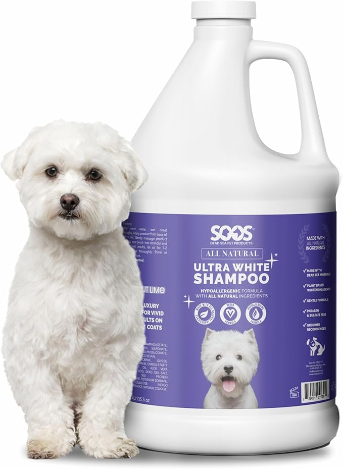 Soos Ultra White Hypoallergenic Shampoo for Dogs & Cats - Natural White Brightening Formula, Gentle & Moisturizing Pet Wash for Sensitive Skin - 4L