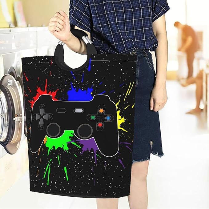 Gaming Joystick Large Laundry Hamper Bag With Waterproof Liner - Video Game Theme Laundry Basket Foldable Clothes Storage Organizer For Bathroom Bedroom Nursery Dorm