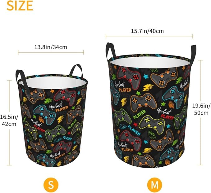 Gaming Joysticks Laundry Hamper Bag With Waterproof Liner - Video Game Controller Round Laundry Basket Foldable Clothes Storage Organizer For Bathroom Bedroom Nursery Dorm, S-16.5"X 13.8"