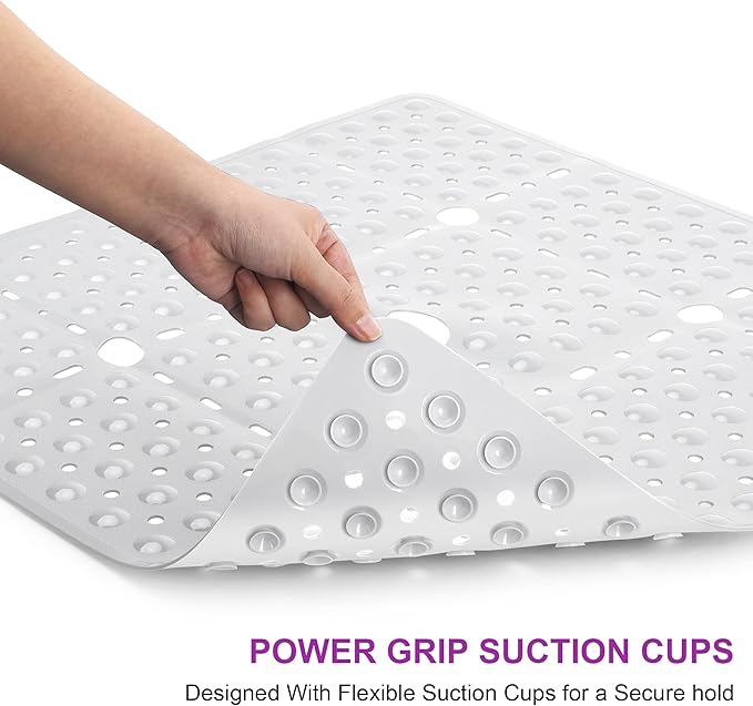 Reetual XL Shower Mat Non Slip - 27x27 Bath Mat for Shower Stall or Large Bathtub Mat with 240 Powerful Suction Cups and Drain Holes. Black Shower Mats for Bathroom (Square White)