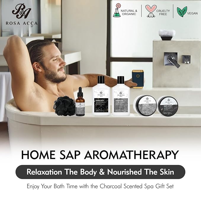23pcs Bath and Body Gift Basket for Men and Women, Charcoal Luxury Home Spa Kit, Beard Care, Cosmetics Leather Bag, Face Oil, Birthday Gift, Self Care, perfect for Christmas, Holiday, Father's Day