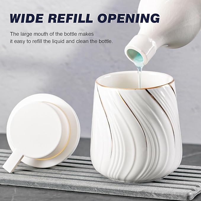 Foam Hand Soap Dispenser - 13.5 oz Ceramic foaming Hand soap Dispenser with Easy-to-Press Pump for Bathroom refillable Liquid Hand soap Dispenser (Foam-White with Gold Thread)