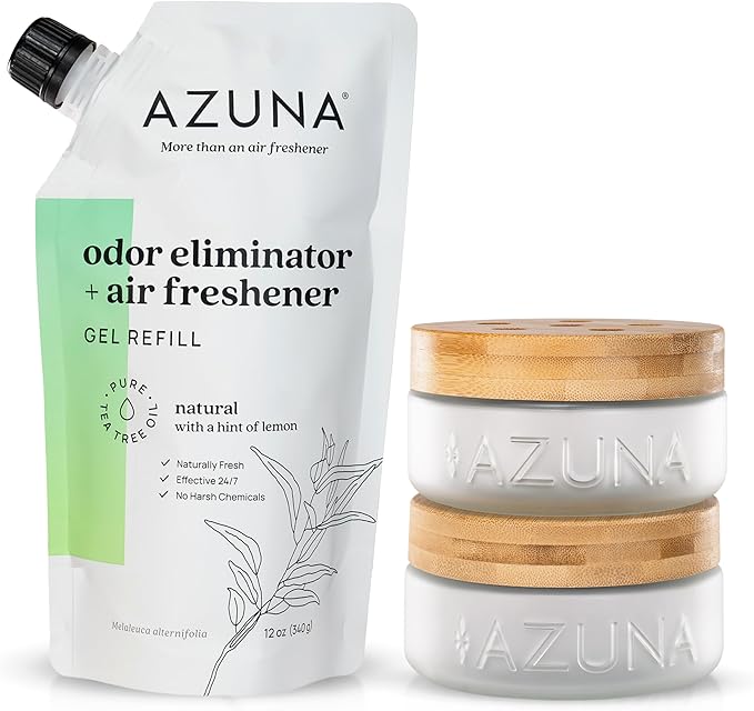 Azuna Air Freshener & Odor Eliminator for Strong Odor | 2 Room Kit Includes (2) 8 oz. Empty Luxe Glass Jars & 12 oz | Refill with Tea Tree Essential Oil Gel | Natural Scent | Last 60-90 Days