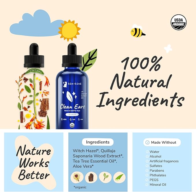 kin+kind Dog Ear Cleaner Solution – Organic Dog Ear Wash & Easy-to-Use Ear Drops for Dogs – Cleans Wax, Dirt & Odor – Gentle Ear Cleaning w/Witch Hazel, Aloe Vera & Tea Tree Oil – Made in USA 4 fl oz