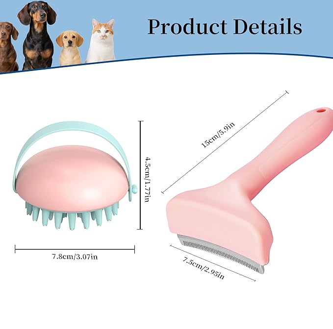 2 Pack Pet Grooming Set, Short Teeth Stainless Steel Deshedding Brush for Short-Haired Dogs and Soft Silicone Circular Bath Brush, Efficient Fur Removal and Gentle Cleaning (Pink, Small)