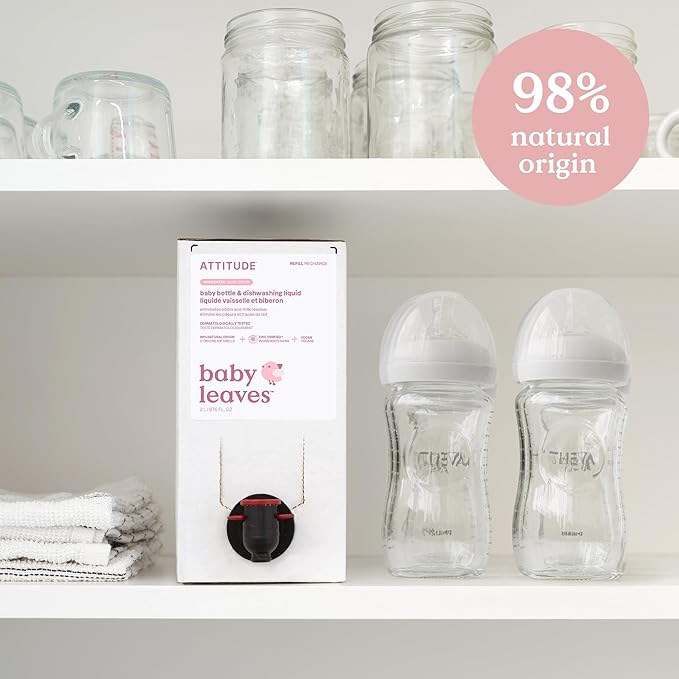 ATTITUDE Baby Dish Soap and Bottle Cleaner, EWG Verified Dishwashing Liquid, No Added Dyes or Fragrances, Tough on Milk Residue and Grease, Vegan, Vegan, Unscented, Bulk Refill, 67.6 Fl Oz