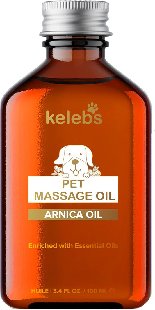 KELEBS Dog Arnica Massage Oil | Pain Relief for Muscles, Arthritis, HIPS, and Joints | for Active & Senior Dogs | Organic Essential Oil Blend with Arnica | Glass Bottle
