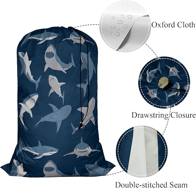 Swono Shark Heavy Duty Laundry Drawstring Bag with Strap, Wild Fish Set Sea Life Underwater 28 x 40 Inches Travel Dirty Clothes Bag for Laundromat and Household, Blue