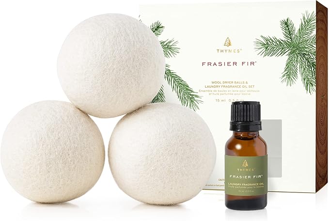 Thymes Wool Dryer Balls Set – Includes 3 Wool Laundry Balls + 1 Scented Laundry Fragrance Oil for Dryer – Eliminate Wrinkles, Static & Lint (Frasier Fir, 0.5 fl oz)