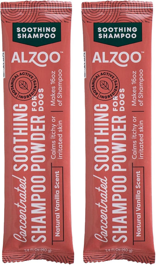 ALZOO Concentrated Soothing Shampoo Powder for Dogs, Calms Itchy or Irritated Skin, 100% Plant-Based Active Ingredients, Natural Vanilla Scent, Pack of 2