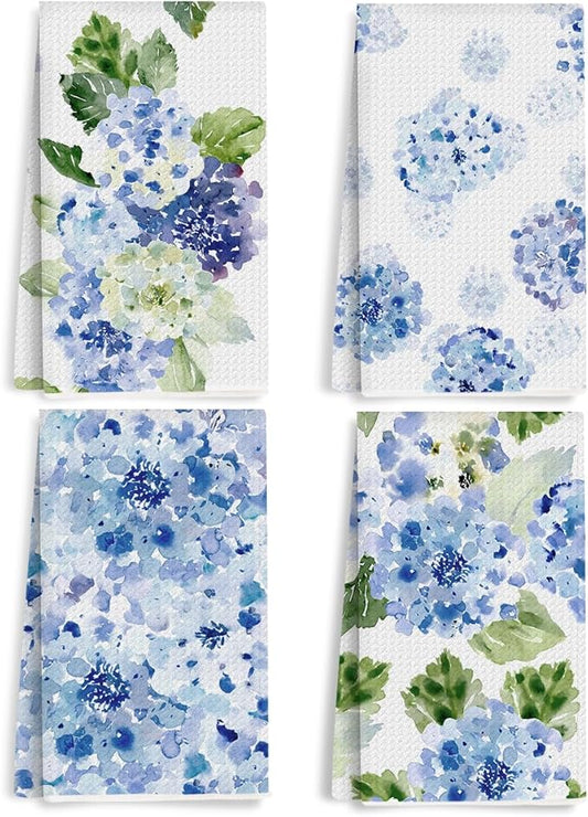 4 Pcs Watercolor Blue Hydrangea Kitchen Towels, Spring Summer Decorative Absorbent Microfiber Dish Cloth Tea Towel, Waffle Soft Hand Towels for Farmhouse Home Kitchen