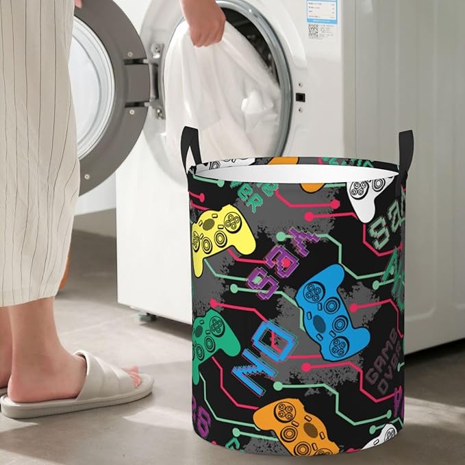 Colorful Game Joysticks Laundry Hamper Bag, Video Game Controller Background Round Laundry Basket Foldable Clothes Storage Organizer For Bathroom Bedroom Nursery Dorm, M-19.6"X 15.7"