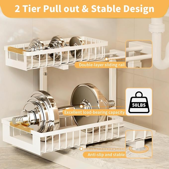 Under the Sink Organizer, 2 Tier Large Pull Out Under Sink Organizer Kitchen with Adjustable Height, Metal Under Cabinet Organizer and Storage for Counter Bathroom Vanity Laundry, White 1 Pack