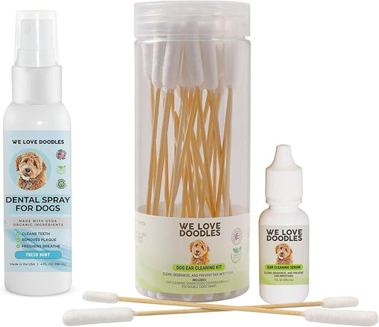 We Love Doodles Dog Dental Spray & Dog Ear Cleaning Solution Kit - Organic, Plaque & Tartar Control Spray, Natural Oral Care, Freshens Breath Spray, Ear Drops for Dogs, Prevent Infections