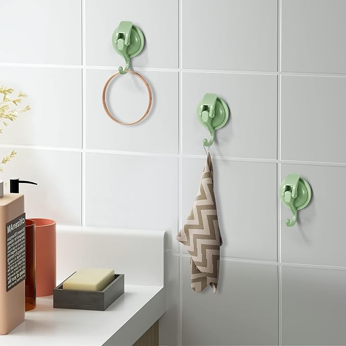 Heavy Duty Vacuum Suction Cup Hooks, Pastel Green Plated Polished Super Suction for Kitchen Bathroom, 2 Pack