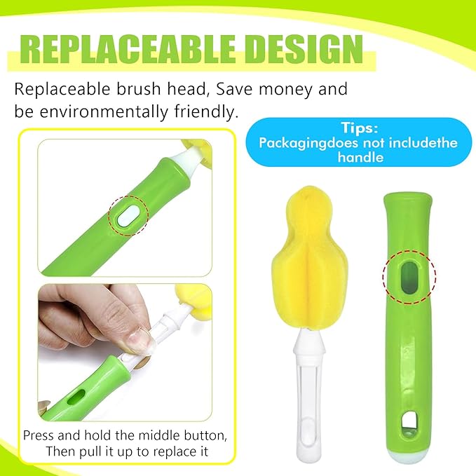 INVODA Nipple Brush Replacement Heads 8PCS Sponge Bottle Brush Head Baby Bottle Nipple Cleaner Detachable Nipple Brush Refill Replacement Head (Yellow)