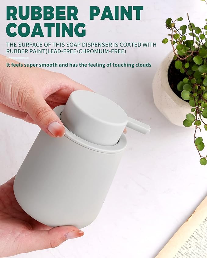 Bosilunlife Soap Dispenser Bathroom - Light Grey Ceramic Soap Dispenser Lotion Pump Dish Soap Dispenser for Kitchen 12oz Refillable Liquid Hand Wash Dispenser for Bathroom (Rubber Paint)