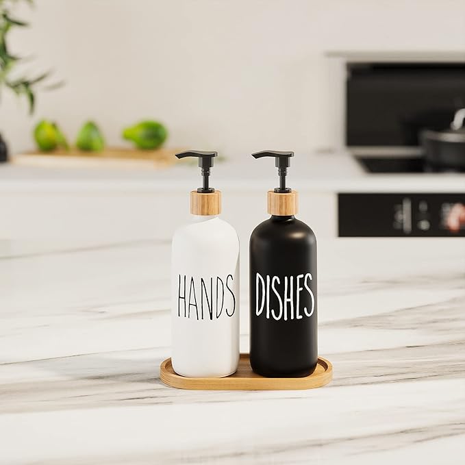 Dish Soap Dispenser for Kitchen Sink.Glass Hand Soap Dispenser, Modern Farmhouse Decor for Bathroom,Kitchen Sink Decor