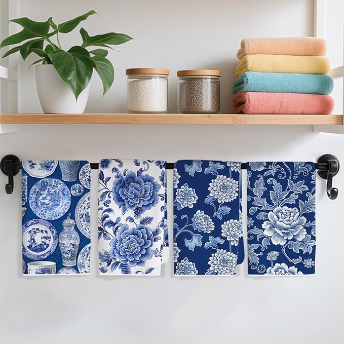 4 Pcs Artistic Floral Kitchen Towels, Traditional Decorative Absorbent Microfiber Dish Cloth Tea Towel, Porcelain Waffle Soft Hand Towels for Farmhouse Home Kitchen, Housewarming Gifts