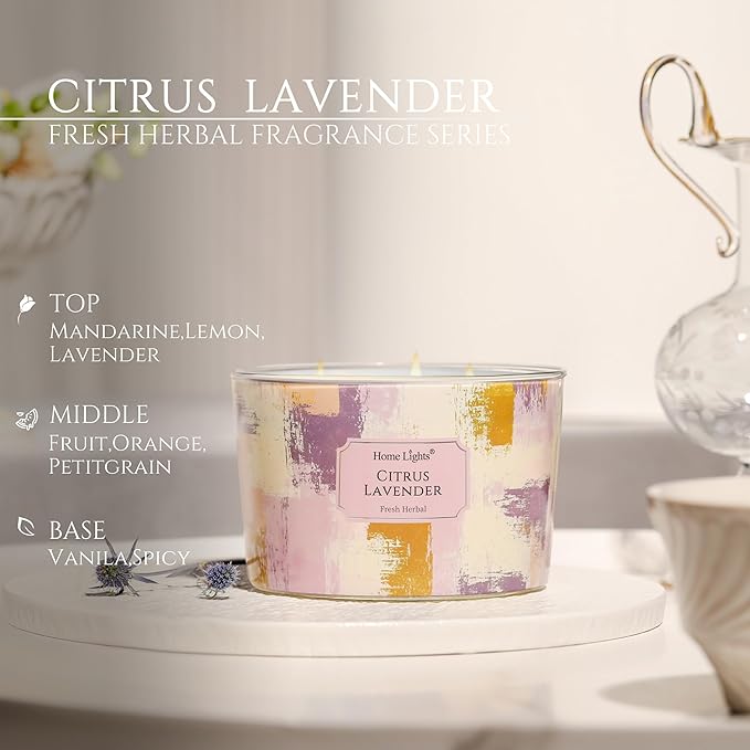 HomeLights Citrus Lavender Scented Candles | 18oz Soy Candles Scandinavian Minimalist Design 4-Wick Large Candle Jars | Ideal Candle Gifts for Events, Home Decor Stress, Relief & Relaxation