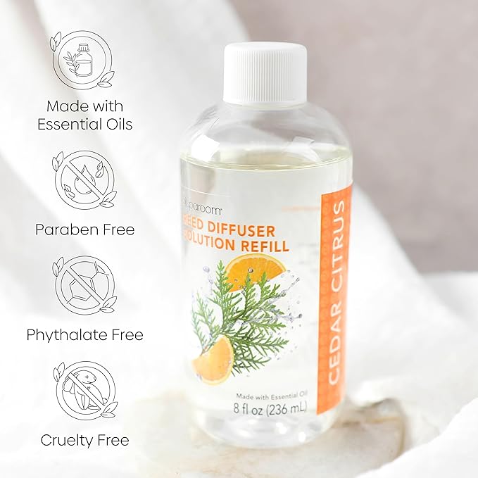 SpaRoom Reed Diffuser Oil Refill – Cedar Citrus Scent, 8oz Bright and Earthy Blend with Lemon Essentials, Invigorating Aroma for Home, Spa, or Office, Long Lasting Fragrance Solution