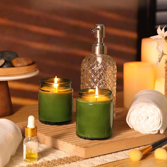 12Pcs Green Candle Jars for Making Candles, 7.5oz Glass Jars with Wooden Lids and Labels, Candle Containers for DIY, Gifts, Candles Making Supplies, Table Decor