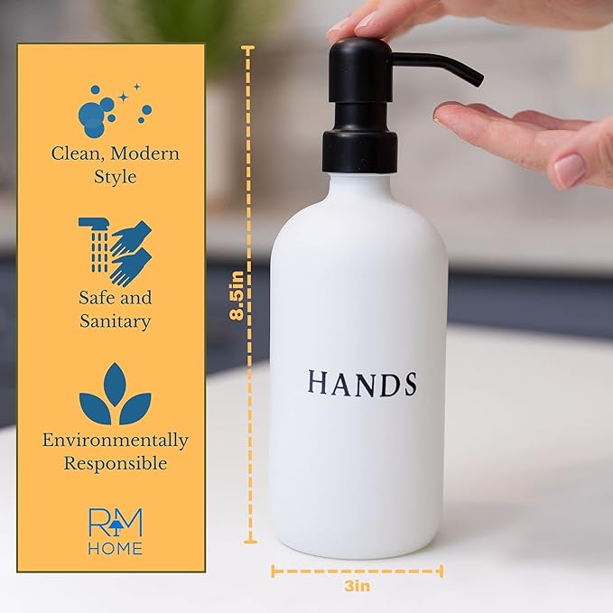 White Glass Hand and Dish Soap Dispenser Set - Modern Farmhouse Sink Accessories - 16 oz Kitchen Sink Set With Tray, Black Pumps & Funnel