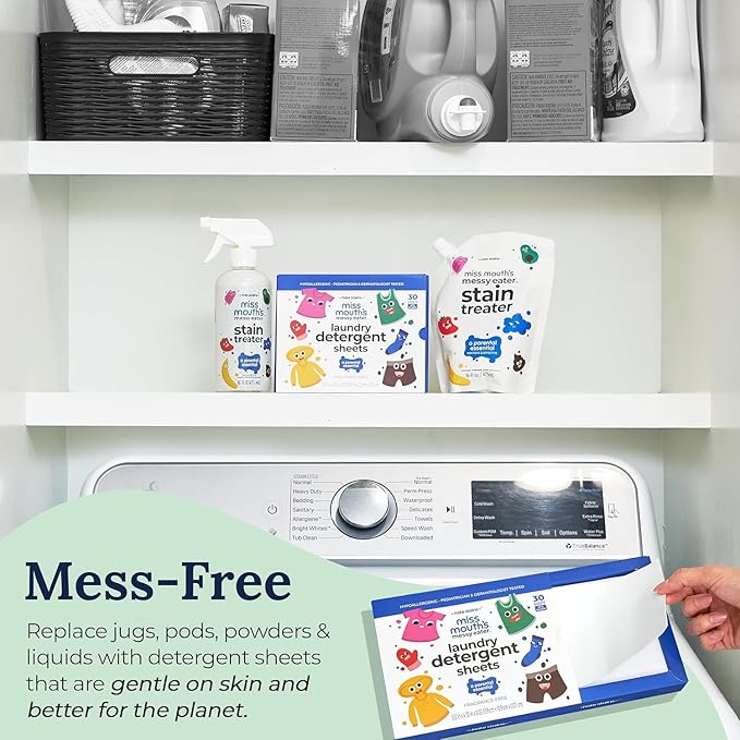 Miss Mouth's Messy Eater Laundry Detergent Sheets - 120 Loads Travel Friendly Detergent Sheets - Hypoallergenic, Sensitive Skin Safe, Pediatrician and Dermatologist Tested, Fragrance Free