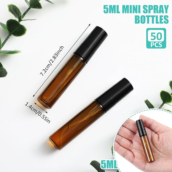 Zhehao 50 Pcs Mini Spray Bottles 5 ml Clear Glass Perfume Bottles Refillable Fine Mist Perfume Atomizer Portable Empty Sample Containers for Cleaning, Essential Oils, Travel (Amber)