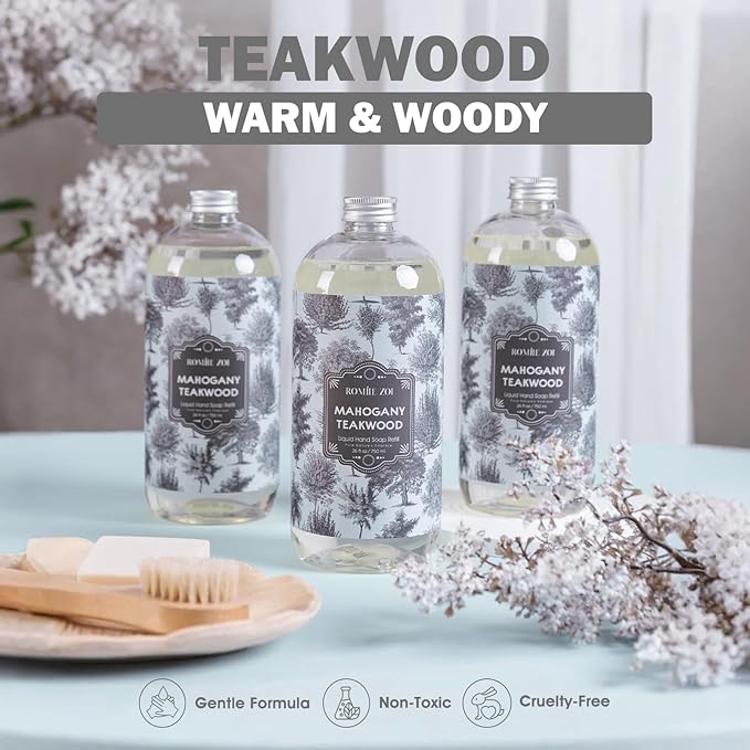 ROMIIE ZOI Liquid Hand Soap Refill Gift Set – 3 Pack (26 Fl Oz Each), Teakwood Scent, Natural Formula with Essential Oils – Gentle, Biodegradable & Cruelty-Free for Sensitive Skin, Kitchen & Bathroom