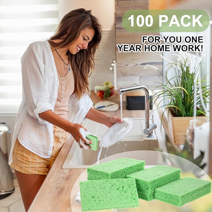 Zhengmy 100 Pieces Kitchen Sponge Bulk Natural Sponges for Dishes Compressed Wood Pulp Sponges Cleaning Sponge Without Scratching for Kitchen Bathroom, 3.9 x 2.4 x 0.12 Inch (Green)