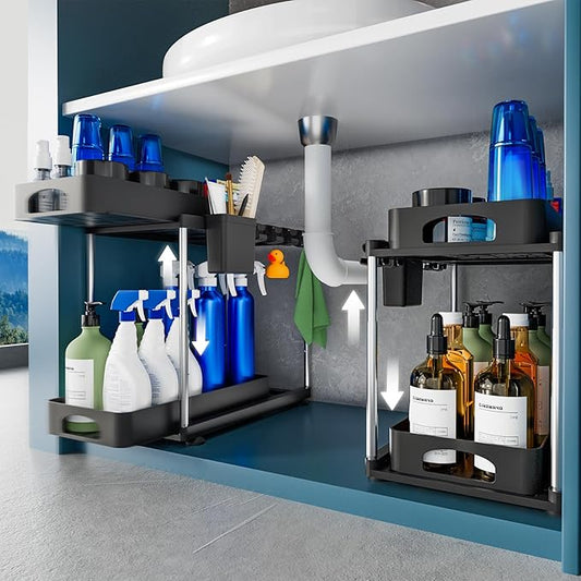 2 Pack Under Sink Organizer, 2 Tier Under Sink Organizers and Storage for Kitchen Bathroom, Height Adjustable Cabinet Organizer with Two Slide-Out Drawers,Black