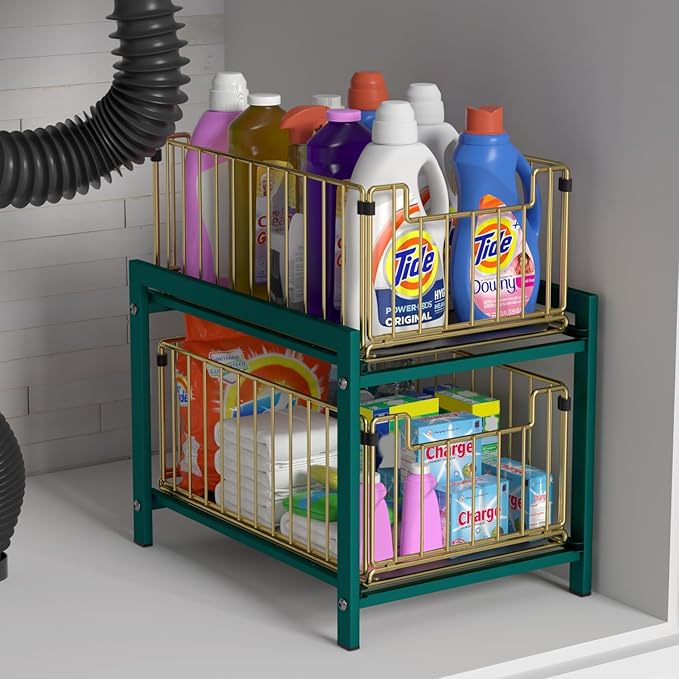 2 Tier Sliding Basket Drawer Organizer, Lxmons Pull Out Under Sink Cabinets Organizers, Metal Home Shelf for Bathroom or Kitchen, Sliding Countertop or Pantry Storage Shelf, Large Gold Green