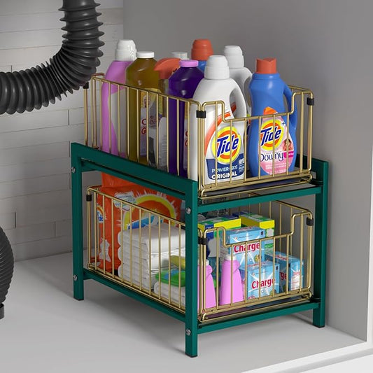 2 Tier Sliding Basket Drawer Organizer, Lxmons Pull Out Under Sink Cabinets Organizers, Metal Home Shelf for Bathroom or Kitchen, Sliding Countertop or Pantry Storage Shelf, Large Gold Green