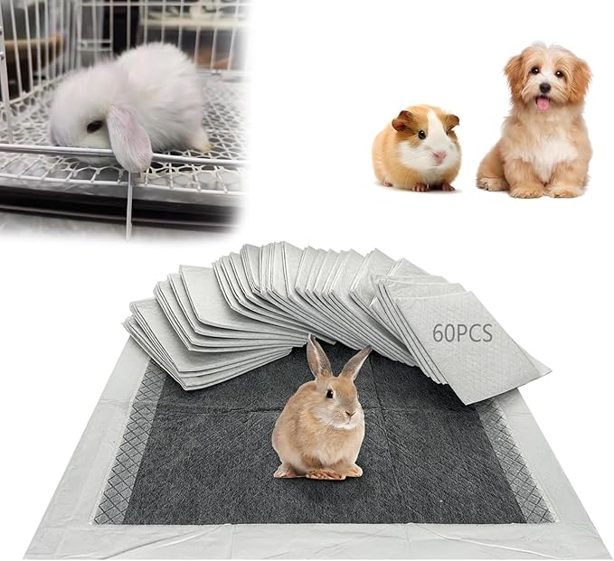 Rabbit Pee Pads, Pet Toilet/Potty Training Pads, 60PCS All Absorb & Odor Control Disposable Cage Liners with Quick-Dry Surface for Guinea Pigs Puppy Chinchillas Hamsters Ferrets Hedgehog Cats