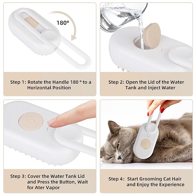Cat Dog Hair Steam Brush: 4 in 1 Pet Grooming Tool Rechargeable Groomer Silicone Comb for Massage, Cleaning, Shedding and Combing, Anti-Static, 360° Portable Handle for Long or Short Hair Pet (White)