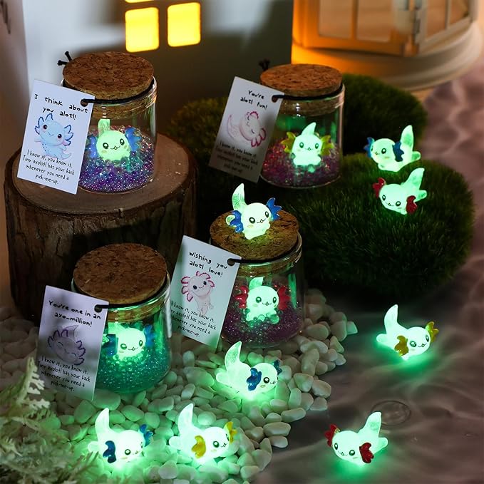 20 Sets Employee Appreciation Gifts Bulk Support Inspirational Mini Luminous Axolotl Cards with Glass Bottle for Christmas Teacher Students Gift Classroom Party Favors