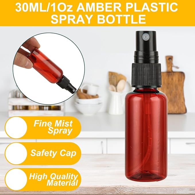 60PCS 1 oz Plastic Amber Spray Bottle, Empty Small Amber Spray Bottle with Sticker and Funnel, Refillable Mini Mister Spray Bottle for Essential Oils, Bath & Cleaning