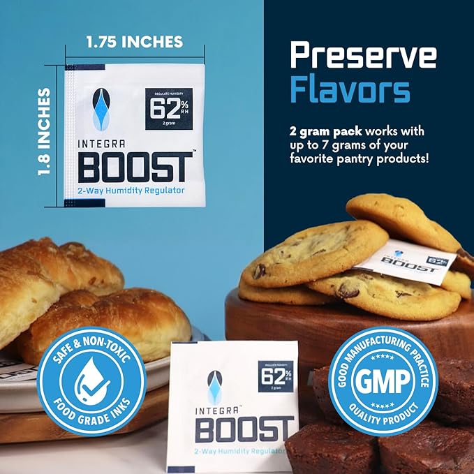 Integra Boost 2-Way Humidity Control Pack – Patented Technology for Humidity Control – Preserve Flavor & Maintain 62% RH – Moisture Absorber for Herbs, Spices & More – 2 Gram (Pack of 20)