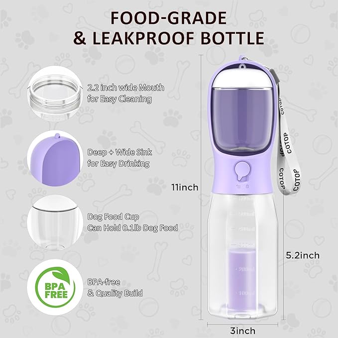 20oz Dog Water Bottle with Food Container & Poop Bag Dispenser | Leak-Proof Portable Pet Water Dispenser with Carabiner Clip | for Walking, Hiking, Travel