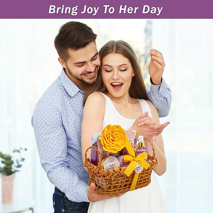 Spa Baskets For Women - Luxury Bath Set With Honey & Lavender - Spa Kit Includes Wash, Bubble Bath, Lotion, Bath Salts, Body Scrub, Body Spray, Shower Puff, Bathbombs, Soap and Towel