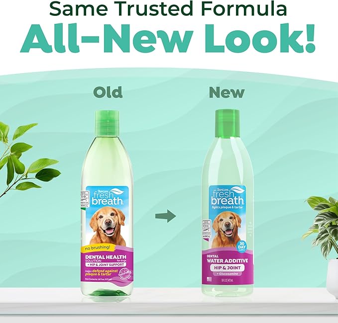 TropiClean Fresh Breath Water Additive for Dogs with Glucosamine, Hip and Joint Support for Dogs, Breath Freshener & Teeth Cleaning Solution, 16oz.