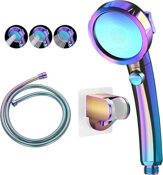 KAIYING Drill-Free High Pressure Handheld Shower Head with ON/OFF Switch, 3 Spray Modes - Polished Finish, Shower Head (Radiant Rainbow) + Bracket + Hose