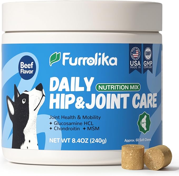 Furrolika Hip and Joint Supplement for Dogs – Made in The USA – Glucosamine, Chondroitin, MSM, Vitamin C – Chewable Joint Support for Mobility & Comfort – Beef Flavor – 60 Soft Chews