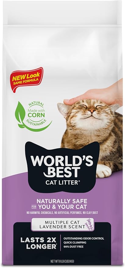 WORLD'S BEST CAT LITTER Multiple Cat Lavender Scented 8-Pounds - Natural Ingredients, Quick Clumping, Flushable, 99% Dust Free & Made in USA - Calming Fragrance & Long-Lasting Odor Control