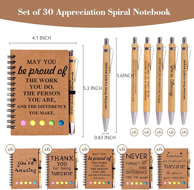 30 Sets Employee Appreciation Gifts Bulk Inspirational Spiral Notebook with Sticky Note and Motivational Bamboo Pens Thank You Gifts for Employees Coworkers,Teachers,Nurse,Office Staff,Team,Volunteer